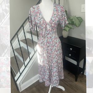 BLUE AND PINK FLORAL MIDI DRESS WITH TIE CUT OUT TOP SIZE S